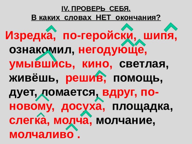 IV. ПРОВЕРЬ СЕБЯ.  В каких словах НЕТ окончания?  Изредка, по-геройски, шипя, ознакомил, негодующе, умывшись, кино, светлая, живёшь, решив, помощь, дует, ломается, вдруг, по-новому, досуха, площадка, слегка, молча, молчание, молчаливо . 