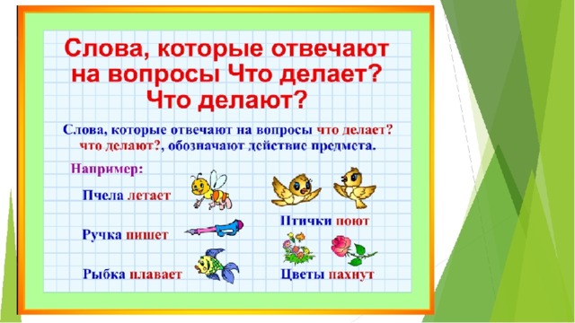 Слова которые отвечают на вопросы что делает что делают презентация