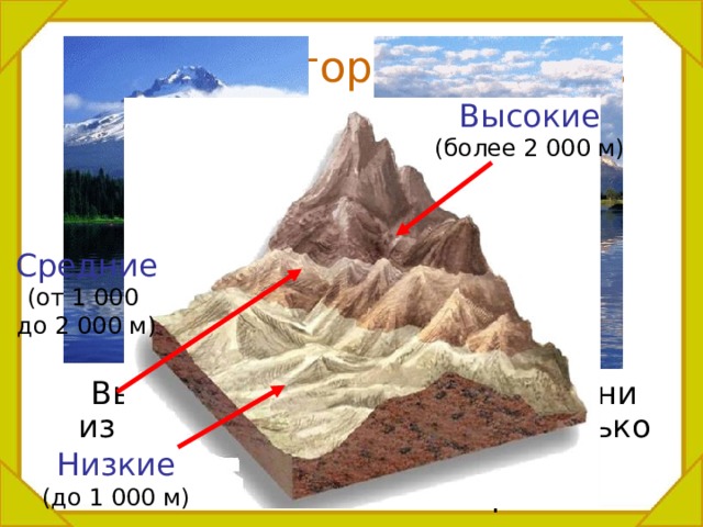 Различие гор по высоте. Высокие (более 2 000 м) Средние (от 1 000 до 2 000 м)  Высота гор бывает разной. Одни из них возвышаются на несколько сотен метров, другие – на несколько километров. Низкие (до 1 000 м) 