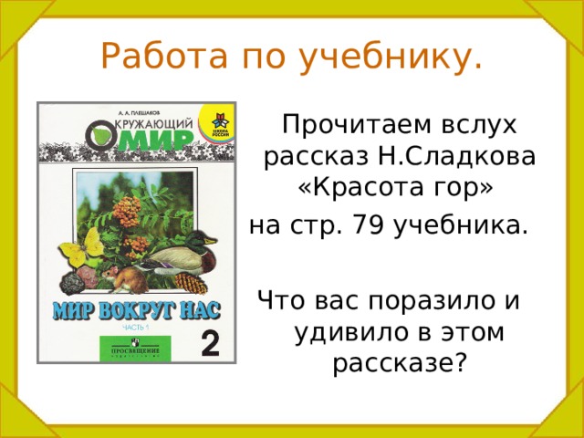 Работа по учебнику.  Прочитаем вслух рассказ Н.Сладкова «Красота гор» на стр. 79 учебника. Что вас поразило и удивило в этом рассказе? 