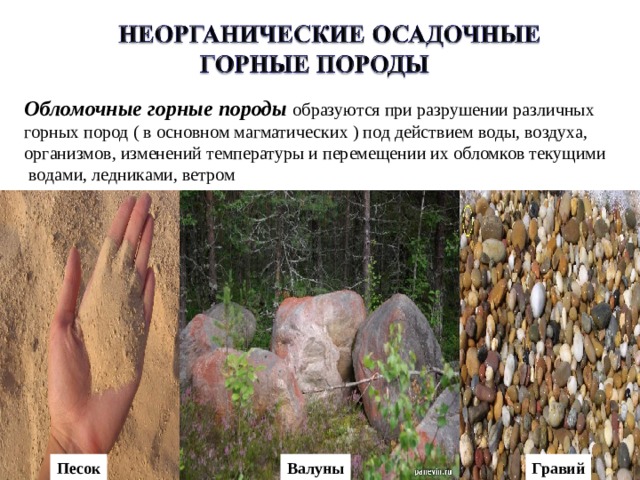  Обломочные горные породы образуются при разрушении различных горных пород ( в основном магматических ) под действием воды, воздуха, организмов, изменений температуры и перемещении их обломков текущими  водами, ледниками, ветром Песок Валуны Гравий  