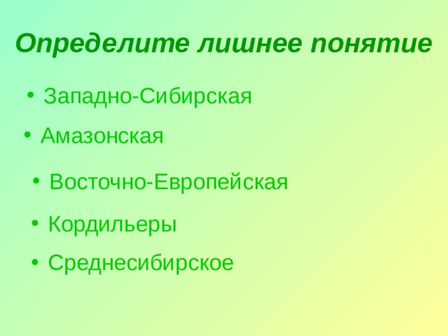 Определите лишнее понятие Западно-Сибирская Амазонская Восточно-Европейская Кордильеры Среднесибирское  