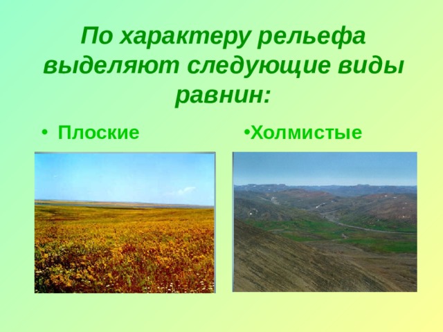По характеру рельефа выделяют следующие виды равнин: Холмистые Плоские 