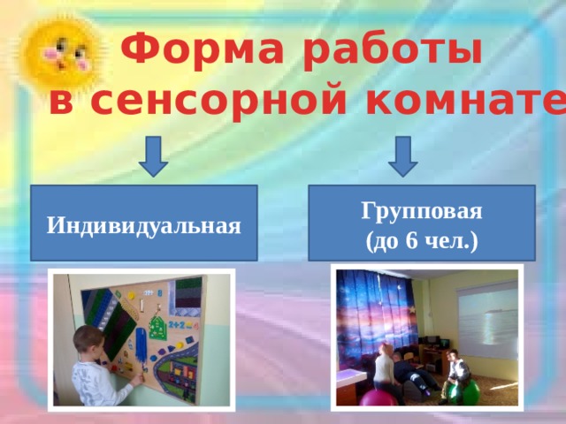 Форма работы в сенсорной комнате Групповая Индивидуальная (до 6 чел.) 