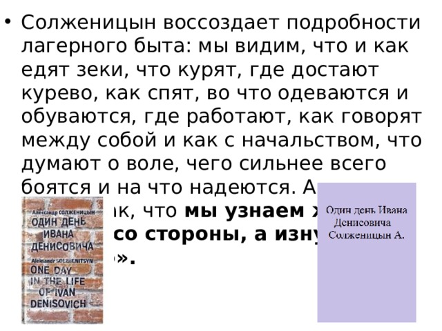 Солженицын воссоздает подробности лагерного быта: мы видим, что и как едят зеки, что курят, где достают курево, как спят, во что одеваются и обуваются, где работают, как говорят между собой и как с начальством, что думают о воле, чего сильнее всего боятся и на что надеются. Автор пишет так, что мы узнаем жизнь зека не со стороны, а изнутри, от «него». 