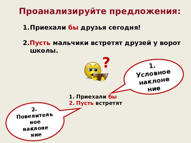1. Условное наклоне ние 2. Повелительное наклоне ние Проанализируйте предложения: Приехали бы друзья сегодня!  2. Пусть мальчики встретят друзей у ворот школы. ? Приехали бы Пусть встретят  