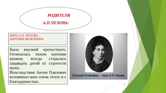 РОДИТЕЛИ А.П.ЧЕХОВА: МАТЬ А.П. ЧЕХОВА – ЕВГЕНИЯ ЯКОВЛЕВНА Была внучкой крепостного. Отличалась тихим кротким нравом, всегда старалась защищать детей от строгости мужа. Впоследствии Антон Павлович вспоминал мать очень тепло и с благодарностью.  