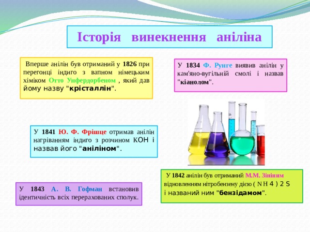 Історія винекнення аніліна  Вперше анілін був отриманий у 1826 при перегонці індиго з вапном німецьким хіміком Отто Унфердорбеном , який дав йому назву 