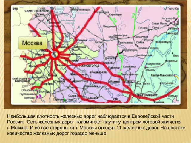 Наибольшая плотность железных дорог наблюдается в Европейской части России. Сеть железных дорог напоминает паутину, центром которой является г. Москва. И во все стороны от г. Москвы отходят 11 железных дорог. На востоке количество железных дорог гораздо меньше. 