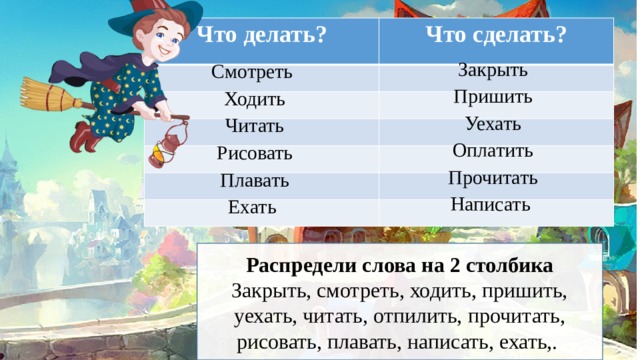 Что делать? Что сделать? Закрыть Пришить Уехать Оплатить Прочитать Написать Смотреть Ходить Читать Рисовать Плавать Ехать Распредели слова на 2 столбика Закрыть, смотреть, ходить, пришить, уехать, читать, отпилить, прочитать, рисовать, плавать, написать, ехать,. 