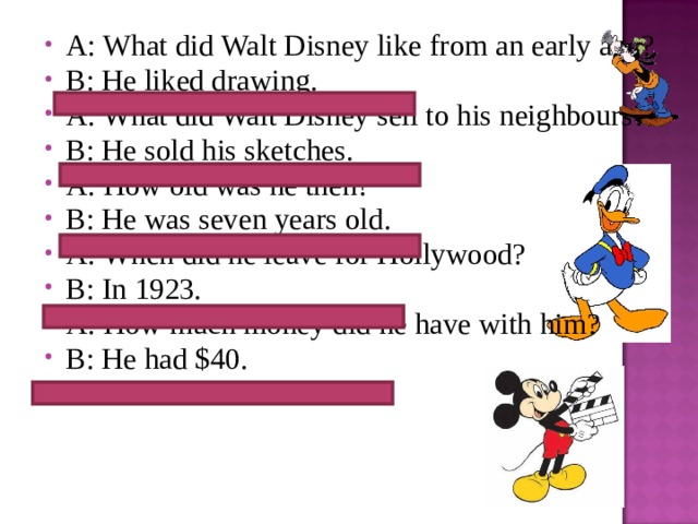 A: What did Walt Disney like from an early age? B: He liked drawing. A: What did Walt Disney sell to his neighbours? B: He sold his sketches. A: How old was he then? B: He was seven years old. A: When did he leave for Hollywood? B: In 1923. A: How much money did he have with him? B: He had $40.  