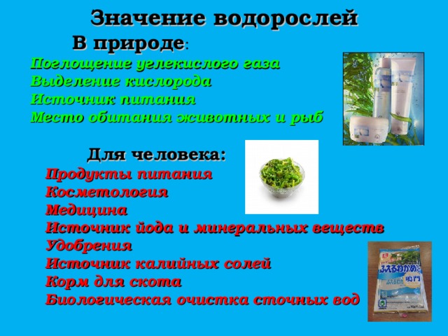 Значение водорослей  В природе :  Поглощение углекислого газа  Выделение кислорода  Источник питания  Место обитания животных и рыб   Для человека:  Продукты питания  Косметология  Медицина  Источник йода и минеральных веществ  Удобрения  Источник калийных солей  Корм для скота  Биологическая очистка сточных вод  