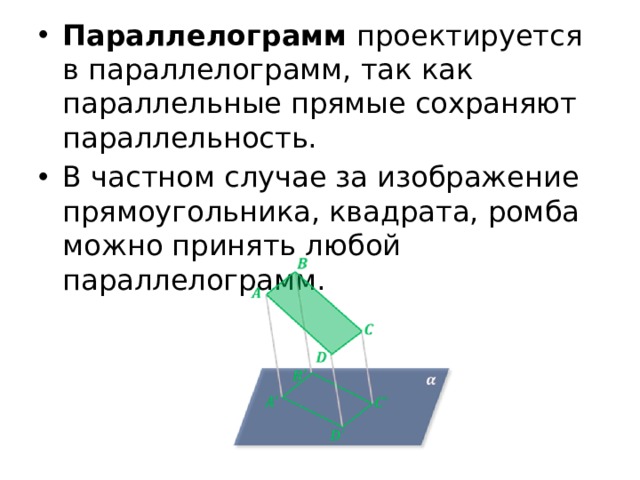 Параллелограмм  проектируется в параллелограмм, так как параллельные прямые сохраняют параллельность. В частном случае за изображение прямоугольника, квадрата, ромба можно принять любой параллелограмм. 