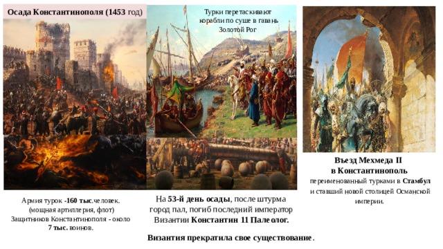 О сада Константинополя (1453 год) Турки перетаскивают  корабли по суше в гавань Золотой Рог Въезд Мехмеда II в Константинополь переименованный турками в Стамбул и ставший новой столицей Османской империи. На 53-й день осады , после штурма город пал, погиб последний император Византии Константин 11 Палеолог.  Армия турок - 160 тыс .человек.  (мощная артиллерия, флот) Защитников Константинополя - около 7 тыс. воинов. Византия прекратила свое существование . 