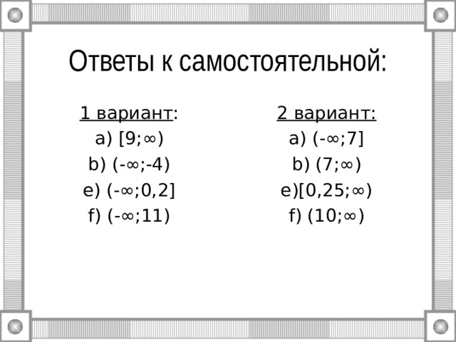 Ответы к самостоятельной: 1 вариант : a)  [9;∞) b) (-∞;-4) e) (-∞;0, 2 ] f) (-∞; 11 ) 2 вариант: a) (-∞;7] b) (7;∞) e)[0,25;∞) f) (10;∞)  