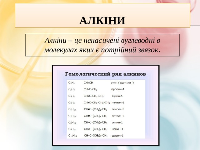 Алкіни Алкіни – це ненасичені вуглеводні в молекулах яких є потрійний звязок . 