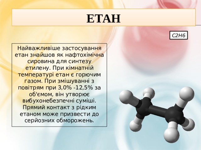 Етан C2H6 Найважливіше застосування етан знайшов як нафтохімічна сировина для синтезу етилену. При кімнатній температурі етан є горючим газом. При змішуванні з повітрям при 3,0% -12,5% за об'ємом, він утворює вибухонебезпечні суміші. Прямий контакт з рідким етаном може призвести до серйозних обморожень.  