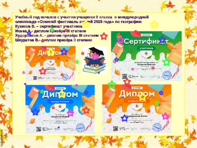 Учебный год начался с участия учащихся 9 класса в международной олимпиаде «Осенний фестиваль знаний 2019 года» по географии: Кузиков В. – сертификат участника Исаев А.- диплом призёра III степени Худорожков А. - диплом призёра III степени Шкуратов В.- диплом призёра II степени  