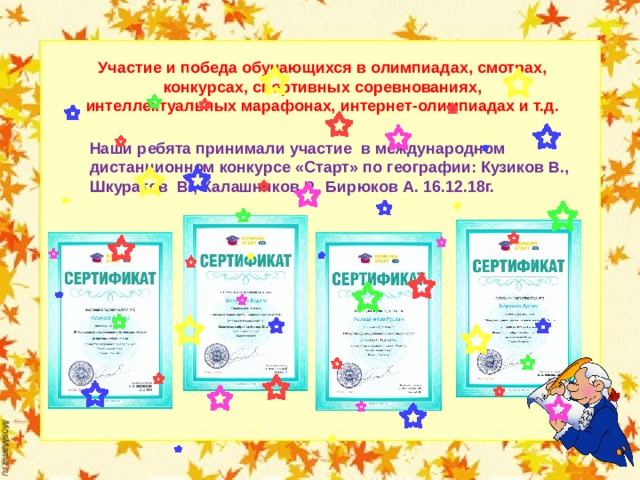 Участие и победа обучающихся в олимпиадах, смотрах, конкурсах, спортивных соревнованиях, интеллектуальных марафонах, интернет-олимпиадах и т.д. Наши ребята принимали участие в международном дистанционном конкурсе «Старт» по географии: Кузиков В., Шкуратов В., Калашников Р., Бирюков А. 16.12.18г. 