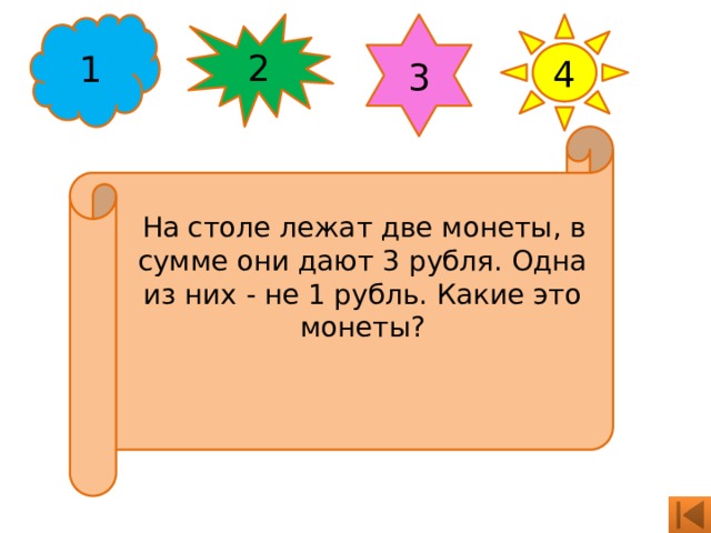 1 2 3 4   На столе лежат две монеты, в сумме они дают 3 рубля. Одна из них - не 1 рубль. Какие это монеты? 