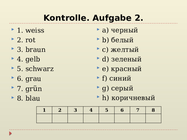 Kontrolle. Aufgabe 2. a) черный b) белый c) желтый d) зеленый e) красный f) синий g) серый h) коричневый 1. weiss 2. rot 3. braun 4. gelb 5. schwarz 6. grau 7. gr ü n 8. blau 1 2 3 4 5 6 7 8 