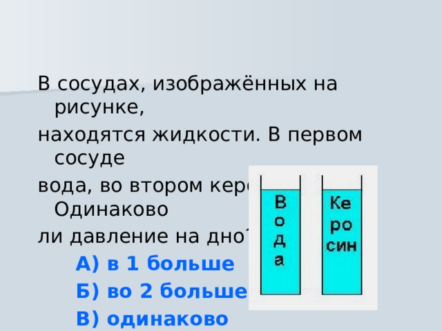 Одинаковое ли давление производят вода на дно сосудов изображенных на рисунке 10