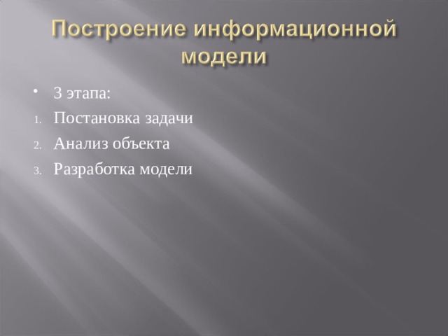 3 этапа: Постановка задачи Анализ объекта Разработка модели   