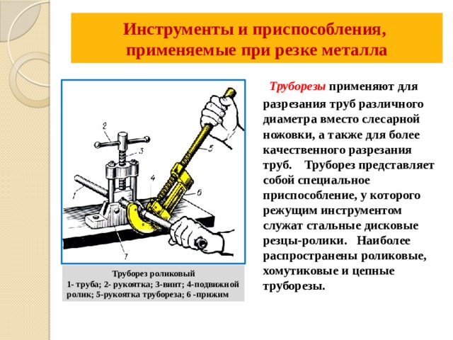 Труборез роликовый 1- труба; 2- рукоятка; 3-винт; 4-подвижной ролик; 5-рукоятка трубореза; 6 -прижим Инструменты и приспособления,  применяемые при резке металла  Труборезы   применяют для разрезания труб различного диаметра вместо слесарной ножовки, а также для более качественного разрезания труб. Труборез представляет собой специальное приспособление, у которого режущим инструментом служат стальные дисковые резцы-ролики. Наиболее распространены роликовые, хомутиковые и цепные труборезы.  
