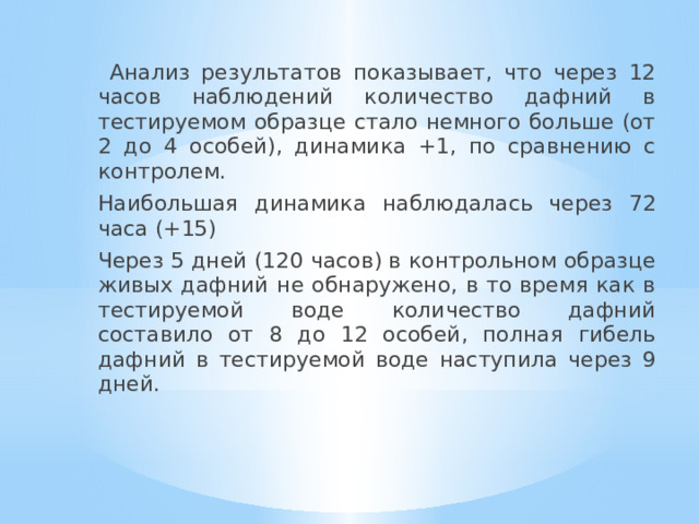  Анализ результатов показывает, что через 12 часов наблюдений количество дафний в тестируемом образце стало немного больше (от 2 до 4 особей), динамика +1, по сравнению с контролем. Наибольшая динамика наблюдалась через 72 часа (+15) Через 5 дней (120 часов) в контрольном образце живых дафний не обнаружено, в то время как в тестируемой воде количество дафний составило от 8 до 12 особей, полная гибель дафний в тестируемой воде наступила через 9 дней. 