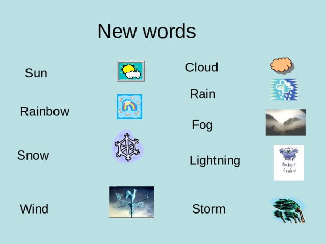 New words Cloud Sun Rain Rainbow Fog Snow Lightning Storm Wind 