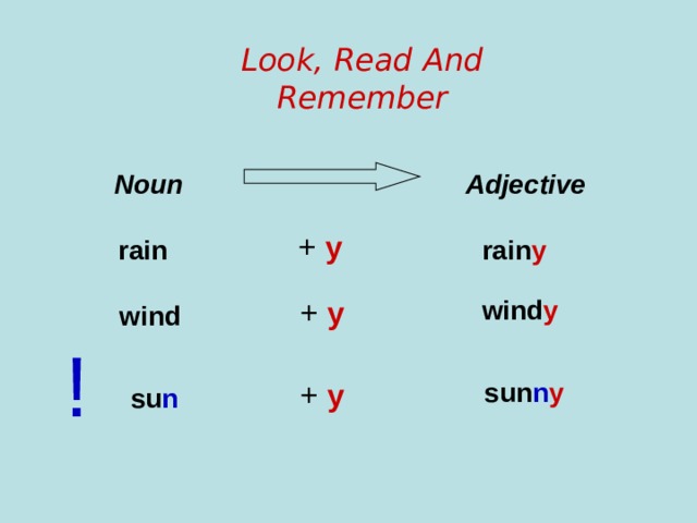 Look, Read And Remember Adjective Noun  + y rain rain y + y wind y wind ! + y sun n y su n 