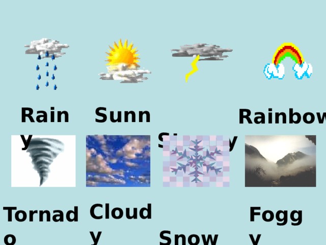 Sunny Rainy  Rainbow  Stormy Cloudy Tornado  Snowy Foggy 
