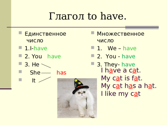 Глагол to have. Единственное число 1. I- have 2. You have 3. He  She  has  It  Множественное число 1. We –  have 2. You  -  have 3. They- have   I h a ve a c a t.  My c a t is f a t.  My c a t h a s a h a t.  I like my c a t 