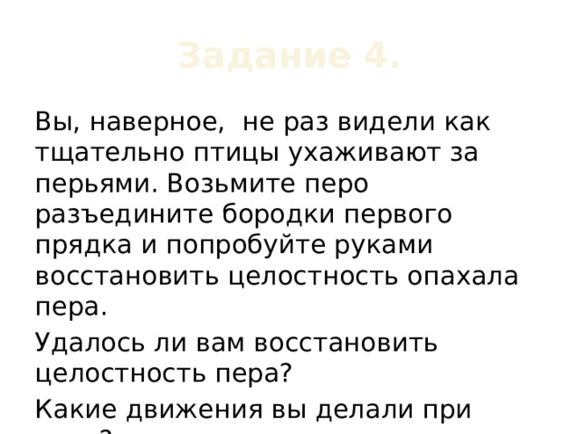 Задание 4. Вы, наверное, не раз видели как тщательно птицы ухаживают за перьями. Возьмите перо разъедините бородки первого прядка и попробуйте руками восстановить целостность опахала пера. Удалось ли вам восстановить целостность пера? Какие движения вы делали при этом? 