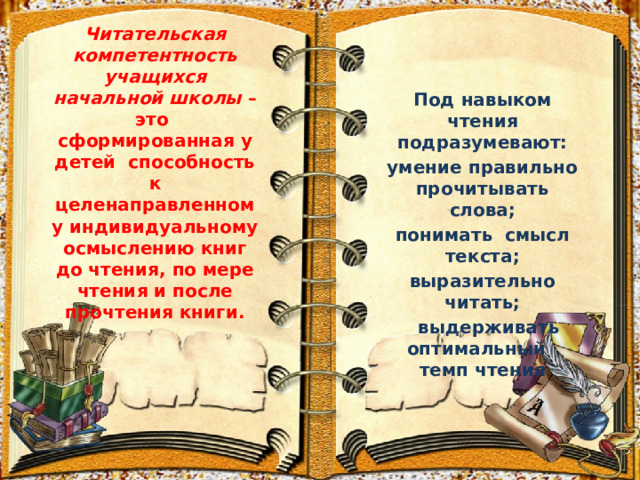 Читательская компетентность  учащихся начальной школы – это сформированная у детей способность к целенаправленному индивидуальному осмыслению книг до чтения, по мере чтения и после прочтения книги.   Под навыком чтения подразумевают: умение правильно прочитывать слова; понимать смысл текста; выразительно читать;  выдерживать оптимальный темп чтения 