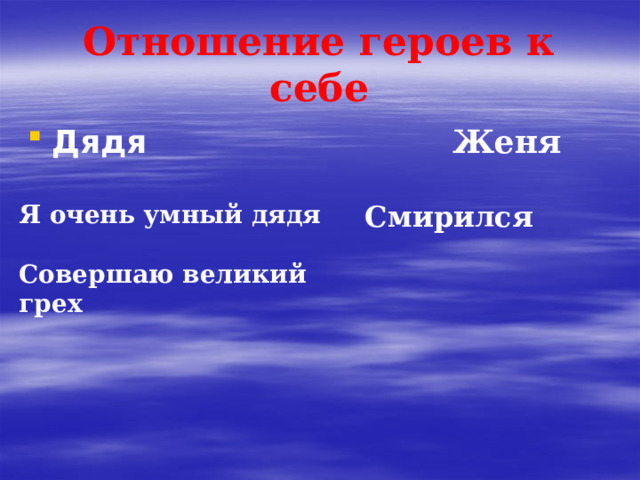 Отношение героев к себе Дядя  Женя  Смирился Я очень умный дядя Совершаю великий грех 