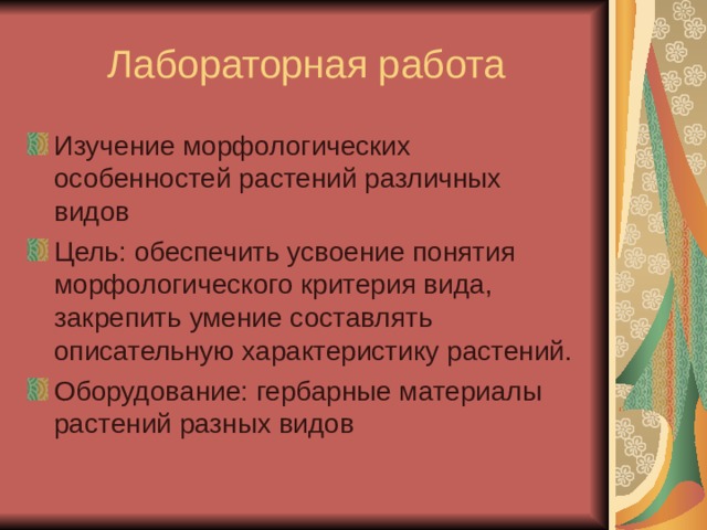 Лабораторная работа Изучение морфологических особенностей растений различных видов Цель: обеспечить усвоение понятия морфологического критерия вида, закрепить умение составлять описательную характеристику растений. Оборудование: гербарные материалы растений разных видов 