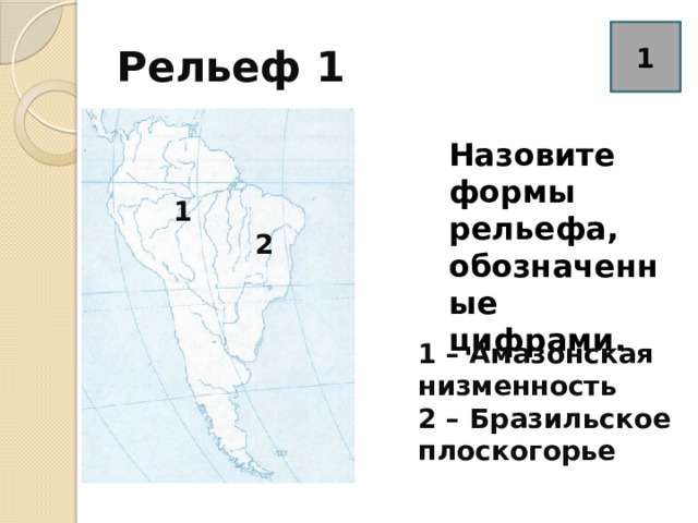 Рельеф 1 1 Назовите формы рельефа, обозначенные цифрами. 1 2 1 2 1 – Амазонская низменность 2 – Бразильское плоскогорье 