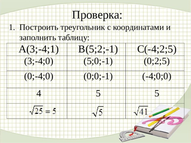 Проверка: Построить треугольник с координатами и заполнить таблицу:  А(3;-4;1) В(5;2;-1) (3;-4;0) (0;-4;0) (5;0;-1) С(-4;2;5) (0;0;-1) (0;2;5) 4 (-4;0;0) 5 5 
