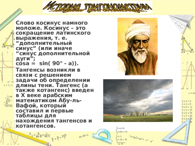 Слово косинус намного моложе. Косинус – это сокращение латинского выражения, т. е. “дополнительный синус” (или иначе “синус дополнительной дуги”;  cosa = sin( 90° - a)). Тангенсы возникли в связи с решением задачи об определении длины тени. Тангенс (а также котангенс) введен в X веке арабским математиком Абу-ль-Вафой, который составил и первые таблицы для нахождения тангенсов и котангенсов. 