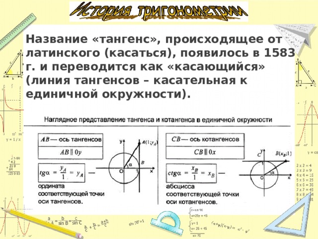 Название «тангенс», происходящее от латинского (касаться), появилось в 1583 г. и переводится как «касающийся» (линия тангенсов – касательная к единичной окружности). 