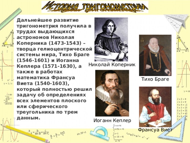 Дальнейшее развитие тригонометрия получила в трудах выдающихся астрономов Николая Коперника (1473-1543) – творца гелиоцентрической системы мира, Тихо Браге (1546-1601) и Иоганна Кеплера (1571-1630), а также в работах математика Франсуа Виета (1540-1603), который полностью решил задачу об определениях всех элементов плоского или сферического треугольника по трем данным. Николай Коперник Тихо Браге Иоганн Кеплер Франсуа Виет 