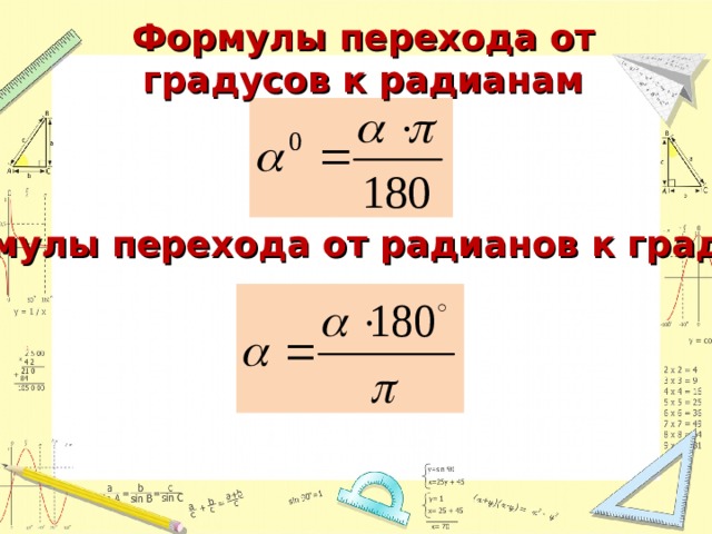 Единицы угловых измерений. Формула перехода из Радиан в градусы. Вычисление угловых величин.