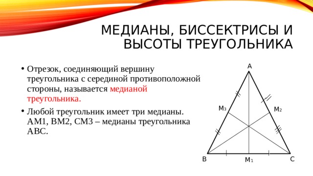Медианы, биссектрисы и высоты треугольника   А Отрезок, соединяющий вершину треугольника с серединой противоположной стороны, называется медианой треугольника. Любой треугольник имеет три медианы. АМ1, ВМ2, СМ3 – медианы треугольника АВС. М 3  М 2 С В М 1 