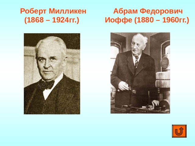  Абрам Федорович Роберт Милликен  (1868 – 1924гг.) Иоффе (1880 – 1960гг.) 