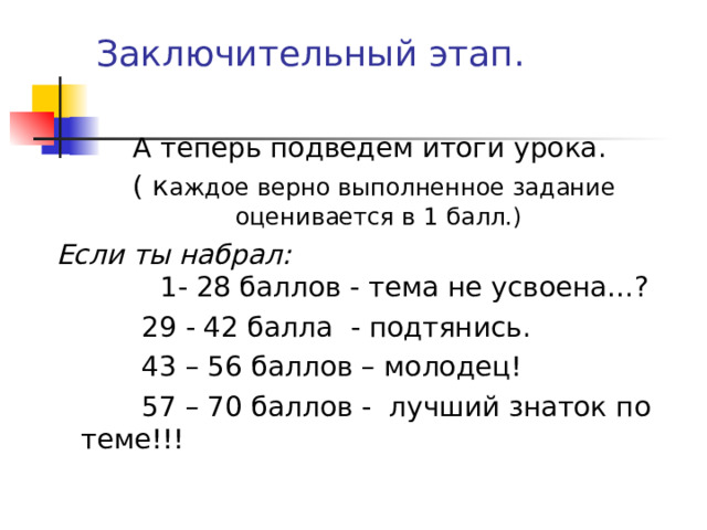 Заключительный этап.   А теперь подведем итоги урока.  ( к аждое верно выполненное задание оценивается в 1 балл.) Если ты набрал: 1- 28 баллов - тема не усвоена…?  29 - 42 балла - подтянись.  43 – 56 баллов – молодец!  57 – 70 баллов - лучший знаток по теме!!! 