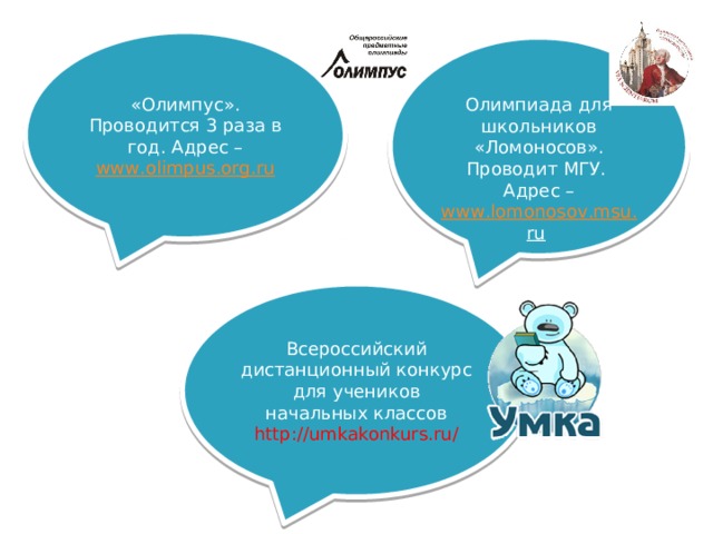 «Олимпус». Проводится 3 раза в год. Адрес – www . olimpus . org . ru Олимпиада для школьников «Ломоносов». Проводит МГУ. Адрес – www . lomonosov . msu . ru  Всероссийский дистанционный конкурс для учеников начальных классов http://umkakonkurs.ru/ 