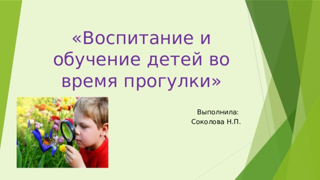 «Воспитание и обучение детей во время прогулки» Выполнила: Соколова Н.П. 