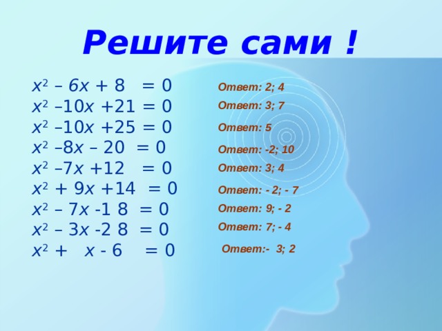 Решите сами ! x 2 – 6 x + 8 = 0 x 2 –10 x +21 = 0 x 2 –10 x +25 = 0 x 2 –8 x – 20 = 0 x 2 –7 x +12 = 0 x 2 + 9 x +14 = 0 x 2 – 7 x -1 8 = 0 x 2 – 3 x -2 8 = 0 x 2 + x - 6 = 0 Ответ: 2; 4 Ответ: 3; 7  Ответ: 5 Ответ: -2; 10  Ответ: 3; 4  Ответ: - 2; - 7  Ответ: 9; - 2  Ответ: 7; - 4  Ответ: - 3; 2   
