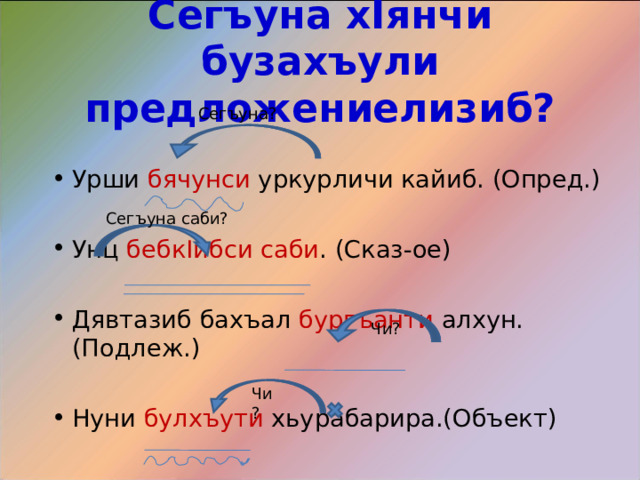 Сегъуна х I янчи бузахъули предложениелизиб? Сегъуна? Урши бячунси уркурличи кайиб. (Опред.)  Унц бебк I ибси саби . (Сказ-ое) Дявтазиб бахъал бургъанти алхун.(Подлеж.)  Нуни булхъути хьурабарира.(Объект) Сегъуна саби? Чи? Чи? 